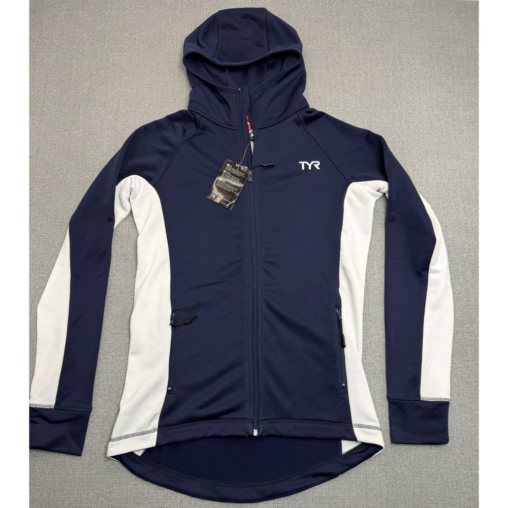 TYR Womens Large Full Zip Hoodie Jacket Navy White Athletic Warm Up Gym Fitness!
